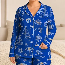 Cobalt Blue Coastal Sailboats Palm Trees And Beach Icons For Summer Vacation Women Satin Pajamas Set