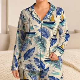 Tropical Sailboats And Palm Leaves For Coastal Resort Lounging Satin Pajamas Set