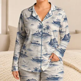 Blue And White Tropical Island Toile For Coastal Resort Lounging And Vacation Gift Giving Satin Pajamas Set