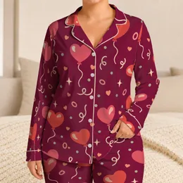 Coral Heart Balloon Motifs for Valentine's Day Romance and Relaxed Nights at Home Satin Pajamas Set