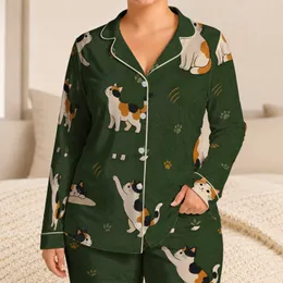 Calico Cats Moss Green Cozy Sleepwear For Cat Lovers Satin Pajamas Set