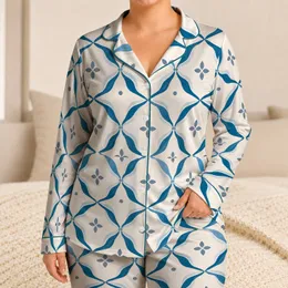 Hand-Painted Mediterranean Teal Ogee Lattice for Relaxed Coastal Lounging Women At Home Satin Pajamas Set