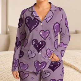 Hand Drawn Eggplant Hearts for Cozy Lounging, Sleepovers and Valentine Gifts for Women Satin Pajamas Set
