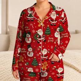 Cheerful Santa Gingerbread Snowman Holly Christmas Motifs For Holiday Celebrations Satin Pajamas Set