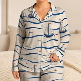 Nautical Sailboat Stripe Coastal Sleepwear for Women Beach Vacation Resort Nights Satin Pajamas Set