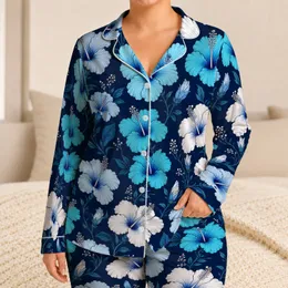 Navy Blue Tropical Hibiscus Floral For Women Beach Vacation Nights And Resort Lounging Satin Pajamas Set