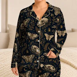 Vintage Moths Skulls And Botanical Night Motif For Gothic Sleepwear And Relaxing Satin Pajamas Set