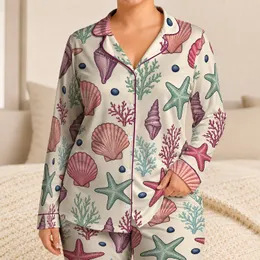 Coastal Shell And Starfish Motifs For Relaxed Beach Vacation Nights At Home Satin Pajamas Set