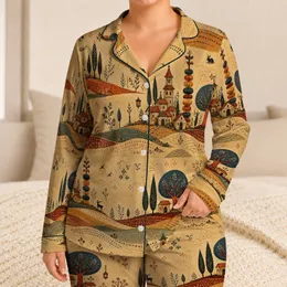 Whimsical Folk Art Cottage Landscape for Cozy Bedtime and Boho Gift Giving Lovers Satin Pajamas Set