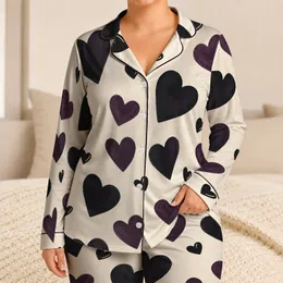 Black And Plum Hand Painted Heart Motifs For Romantic Bedtime And Cozy Nights At Home Satin Pajamas Set