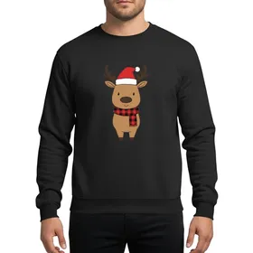Festive Celebrators' Whimsical Tan-Brown Reindeer with Red Buffalo Plaid Scarf & Christmas Santa Hat Art Sweatshirt