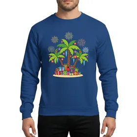 Tropical Holiday Lovers' Vibrant Cartoon Palm Tree Red Blue Purple Ornaments Beach Gifts Fireworks Scene Sweatshirt