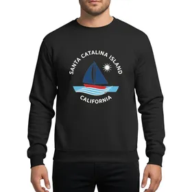 Coastal Enthusiasts' White Retro Vintage Flat Vector Sailboat Santa Catalina Island California Arch Script Graphic Sweatshirt