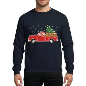 Dog Parents' Distressed Vintage Red Pickup Truck with Four Golden-Brown Doodle Dogs Festive Snow Scene Sweatshirt