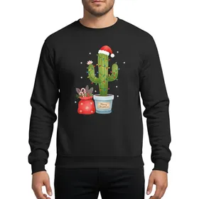 Christmas Plant Lovers' Whimsical Watercolor Saguaro Cactus Red Santa Hat Multi-Color Lights Pot & Gift Sack Sweatshirt