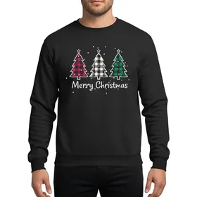 Holiday Enthusiasts Rustic Hand-Drawn Red Green Buffalo Plaid Christmas Trees Merry Christmas Snow Sweatshirt