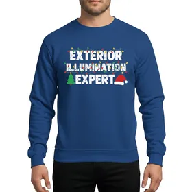 Outdoor Christmas Decorators' Distressed White Text, Red Green Yellow String Lights, Festive Tree & Santa Hat Holiday Graphic Sweatshirt
