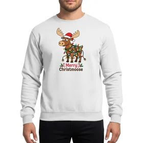 Holiday Animal Lovers' Whimsical 'Christmoose' Brown Moose Tangled in Colorful Lights & Red Santa Hat Cartoon Sweatshirt