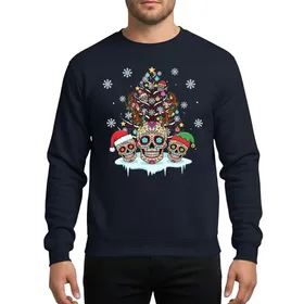Holiday Art Lovers' Whimsical Dia de los Muertos Christmas Tree Sugar Skulls Reindeer Antlers Santa Elf Hats Sweatshirt
