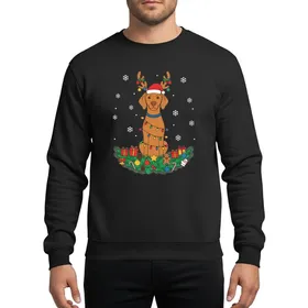Vizsla Dog Lovers' Cheerful Brown-Orange Vizsla Reindeer Antlers Santa Hat Festive Christmas Garland Ornaments Snowflakes Sweatshirt