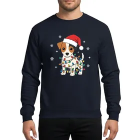 Dog Lovers' Adorable Jack Russell Christmas Puppy with Festive Lights & Red Santa Hat Design Sweatshirt