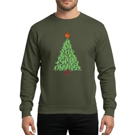 Basketball Fans' Vibrant Green Basketball Player Silhouette Christmas Tree Design with Maroon Trunk and Orange Basketball Star Sweatshirt