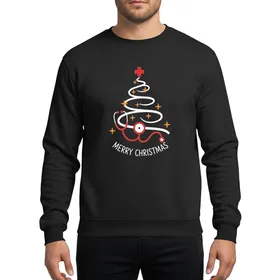 Women's Nurses Whimsical Red Stethoscope Christmas Tree White Garland Medical Cross Yellow Stars Merry Christmas Text Sweatshirt