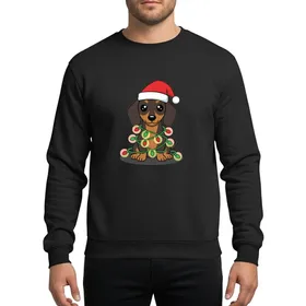 Dachshund Lovers' Whimsical Brown Dachshund Red Santa Hat Green Red Christmas Lights Design Sweatshirt