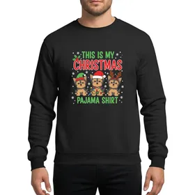 Yorkie Dog Lovers' Whimsical Christmas Yorkshire Terrier Elf Santa Reindeer Hats Bright Green Red Holly Lights Snowflakes Sweatshirt