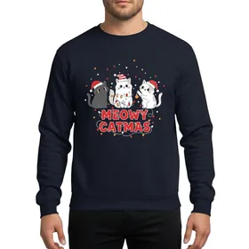 Cat Lovers' Whimsical Cartoon Christmas Cats Red Yellow Lights 'MEOWY CATMAS' Black Design Sweatshirt