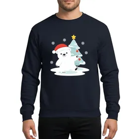 Holiday Enthusiasts' Cute Polar Bear Red Santa Hat Snowy Scene Icy Blue-Grey Christmas Tree Red-Orange Ornaments Sweatshirt