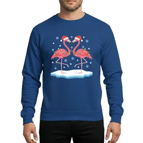 Holiday Celebration Fans' Whimsical Pink Flamingo Pair in Santa Hats & Christmas Lights on Icy Snowfall Sweatshirt