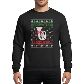 Holiday Music Lovers' Pixelated Fair Isle Knit Red Green White Tuba Bow Snowflake Reindeer Christmas Pattern Sweatshirt
