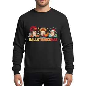 Hedgehog Lovers' Whimsical Hallothanksmas Cartoon Hedgehogs Witch Turkey Santa Hats & Bold Multicolor Text Sweatshirt