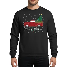 Christmas Enthusiasts' Vintage Deep Red Pickup Truck Green Tree Yellow Blue Purple Ornaments White Snowflakes Sweatshirt