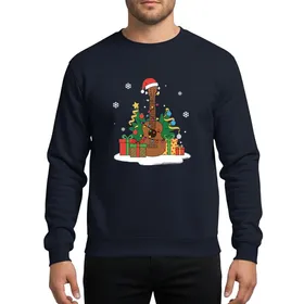 Music Lover's Festive Brown Ukulele, Rainbow Christmas Lights, Santa Hat, Colorful Gift Boxes & Snowflakes Art Sweatshirt