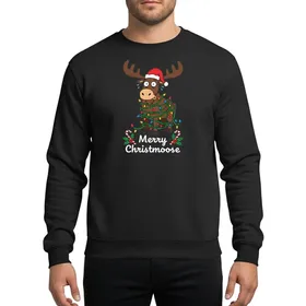Christmas Humor Fans Comically Tangled Brown Moose Multi-Color Lights Red Santa Hat Merry Christmoose Sweatshirt