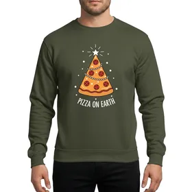 Holiday Foodies' Whimsical Pizza Christmas Tree, Golden Yellow Cheese, Red Pepperoni Ornaments, White Star, 'Pizza On Earth' Script Sweatshirt