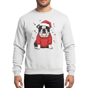 Bulldog Lovers' Adorable English Bulldog, Vibrant Red Santa Hat & Knitted Sweater, Cream & Black Fur Christmas Vector Art Sweatshirt