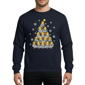 Bird Lovers & Christmas Fans' Whimsical Grey Cockatiel Christmas Tree Stack Festive Yellow Star Colorful Lights Snowy Flat Art Sweatshirt
