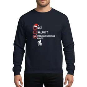 Wheelchair Basketball Player Festive Red White Hand-Drawn 'Nice Naughty' Checked List Santa Hat & Silhouette Graphic Sweatshirt