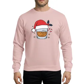 Whiskey Lovers' Bold Illustrative Festive Whiskey Glass, Bright Red Santa Hat, Green Holly, Striped Candy Canes, Gold Stars Sweatshirt