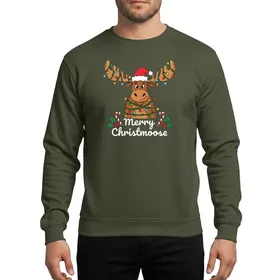 Christmas Enthusiasts' Whimsical Moose Entangled in Colorful Red Green Blue String Lights, Santa Hat & Merry Christmoose Text Sweatshirt
