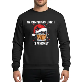 Whiskey Lovers' Festive Holiday Pixel Art Amber Whiskey Glass, Santa Hat, Colorful Lights & 'My Christmas Spirit Is Whiskey' Design Sweatshirt