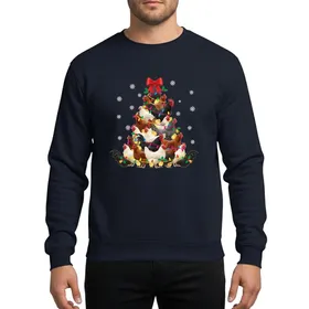 Chicken Lovers' Realistic Hens Chicks Christmas Tree Red Bow Colorful Lights Gold Bells Black Snow Sweatshirt