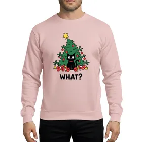 Cat Lovers' Mischievous Black Cat Christmas Tree Chaos with Red Ornaments Golden Bells "WHAT?" Cartoon Sweatshirt