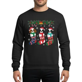 Dog Lovers' Festive Japanese Chin Christmas Stocking Flat-Color Illustration with Red, Green, Gold Garland & Snowflakes Sweatshirt