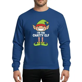 Family Holiday Enthusiasts Funny Chatty Elf Character Lime Green Hat Red Band White Text Red White Striped Legs Curled Shoes Sweatshirt