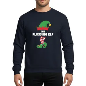 Holiday Celebrators' Whimsical Flat Vector Green Elf Floss Dance Red Striped Socks Yellow Bell Design Sweatshirt