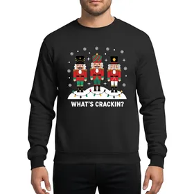 Festive Fun Seekers' Three Traditional Nutcrackers Vibrant Red Green Gold Snowdrift Vintage Lights Playful 'WHAT'S CRACKIN'?' Phrase Sweatshirt